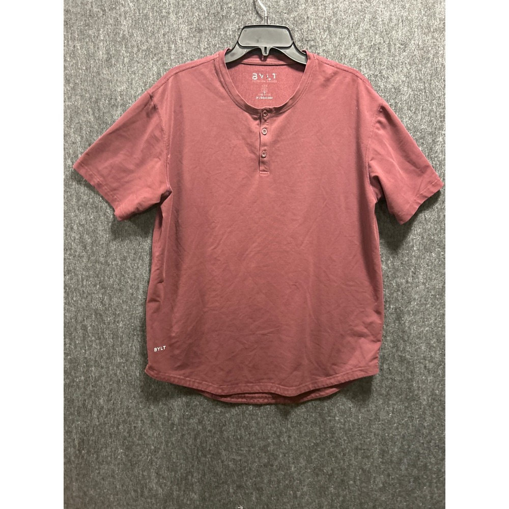 BYLT Henley Shirt Mens XL Red Short Sleeve Drop Cut Curved Hem Solid